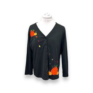 Vintage Studio Treat Womens Pumpkin Cozy Fall Cardigan Sweater XL Black/Orange